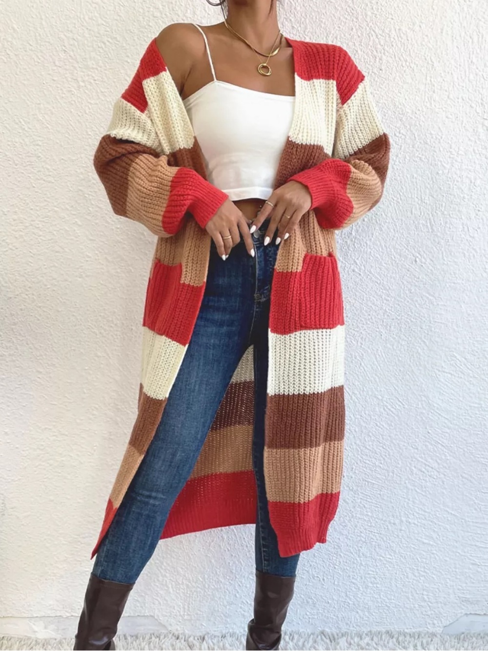 Striped Open-Front Long Cardigan Sweater - Red / Cream / Brown
